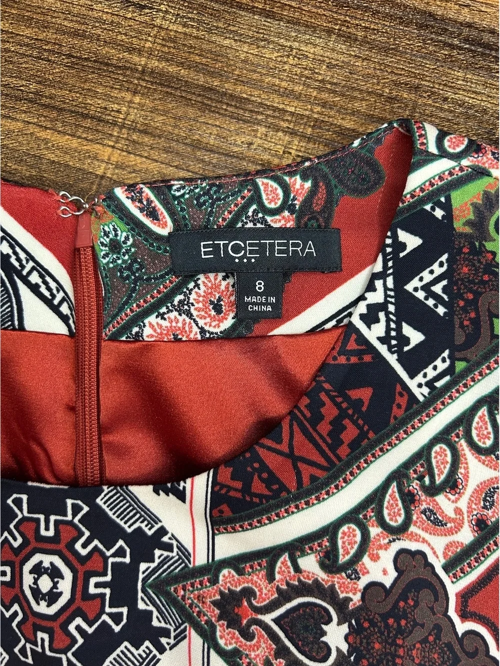 ETCETERA Women’s Red Patterned Geometric & Paisley Motif Dress / Size: 8